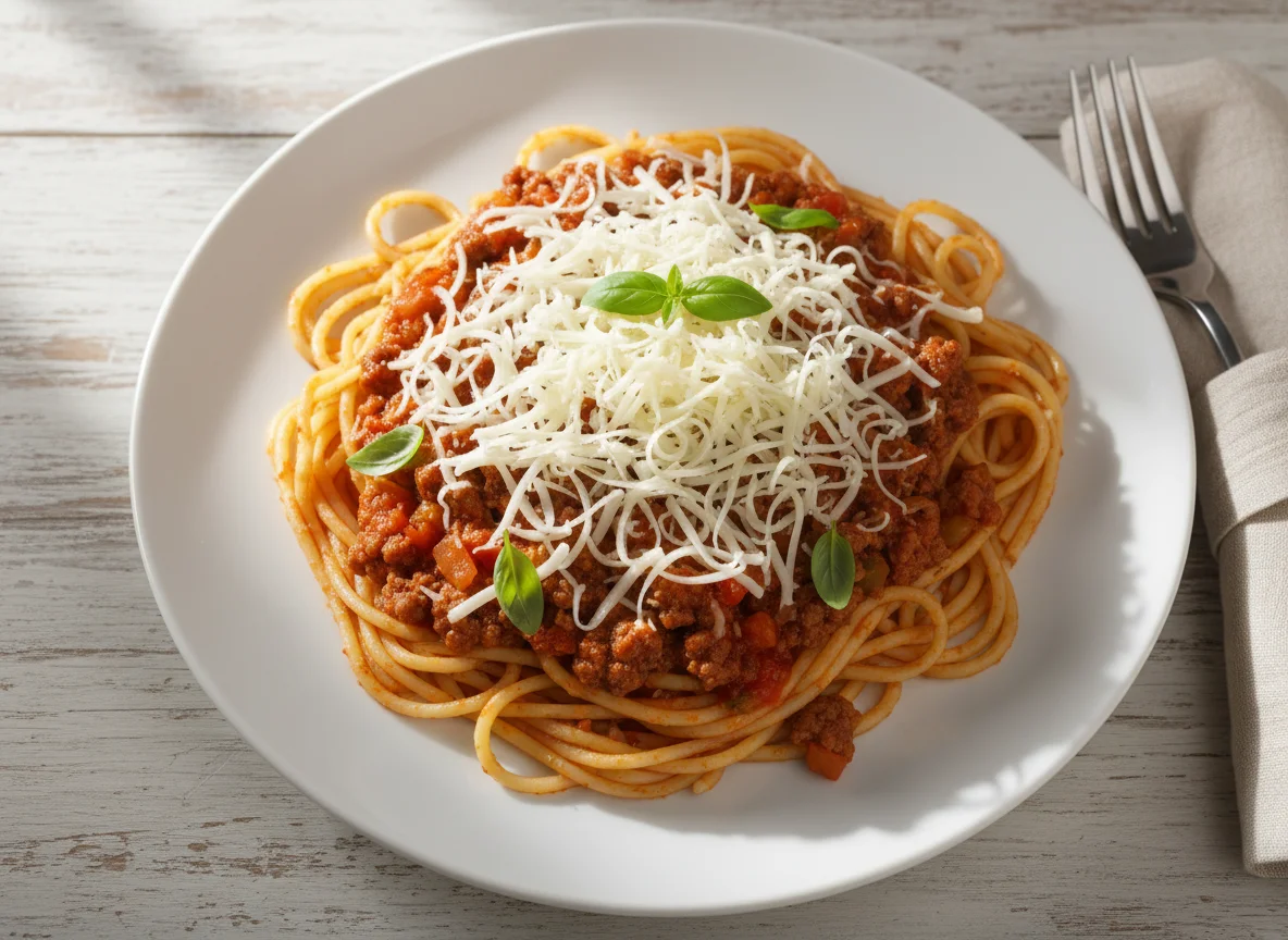 Spaghetti with Meat Sauce and Shredded Cheese photo