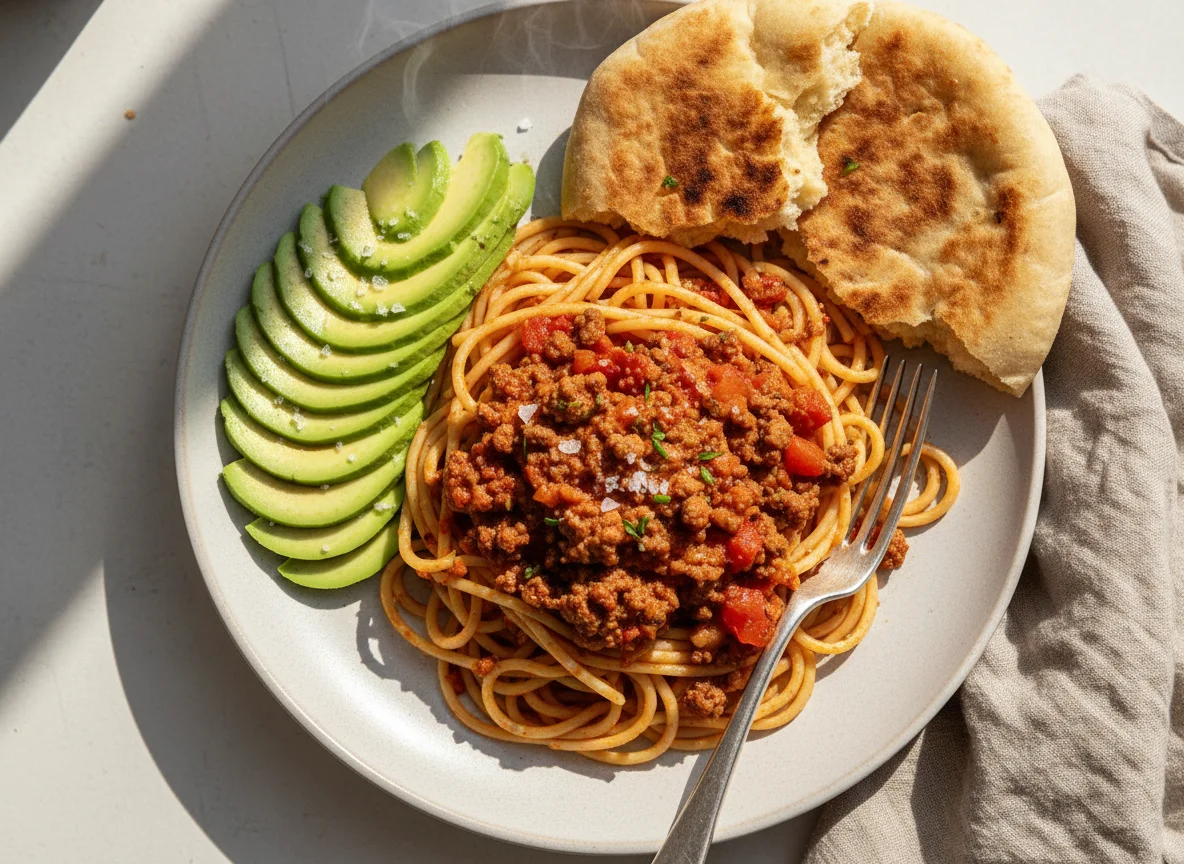 Spaghetti with Meat Sauce, Avocado, and Flatbread photo