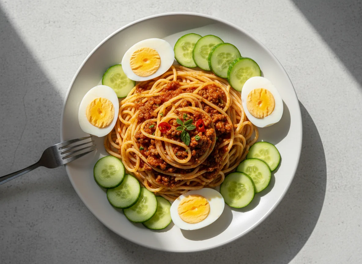 Spaghetti with Meat Sauce, Hard-boiled Eggs, and Cucumber photo