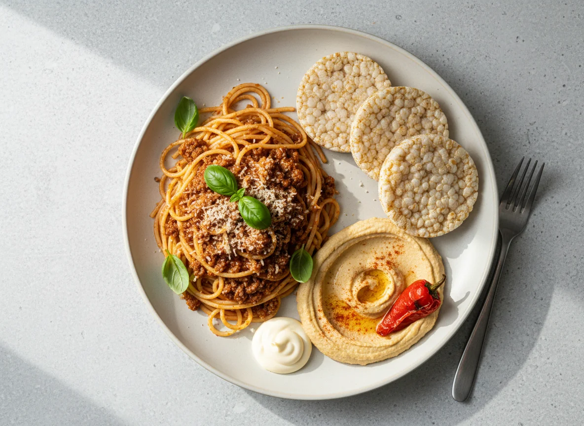 Spaghetti with meat sauce, rice cakes with hummus photo