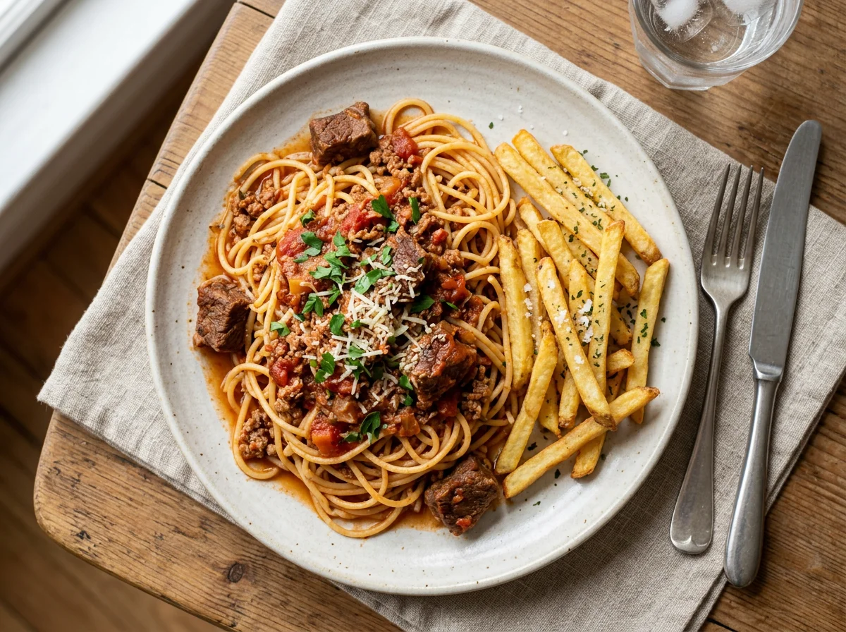 Spaghetti with Meat Stew and Fries photo