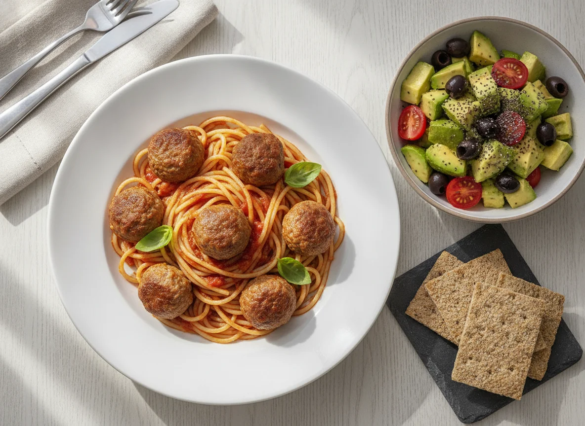 Spaghetti with meatballs and avocado salad photo