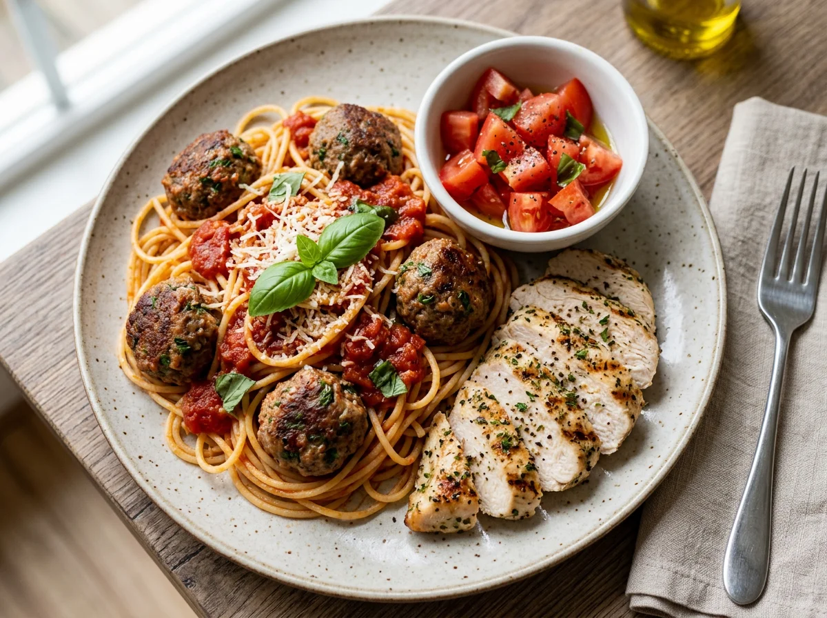 Spaghetti with Meatballs and Grilled Chicken photo