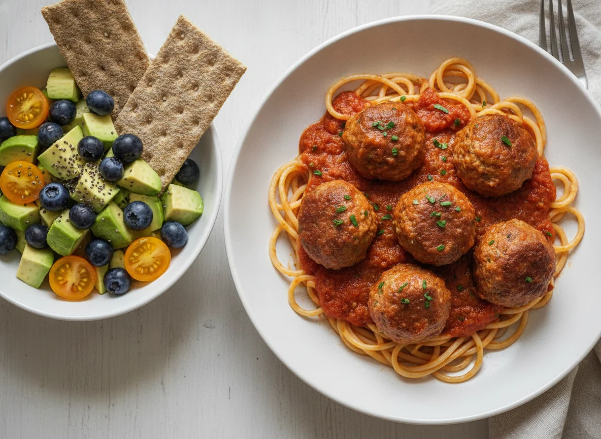 Spaghetti with meatballs, avocado salad and crispbread photo