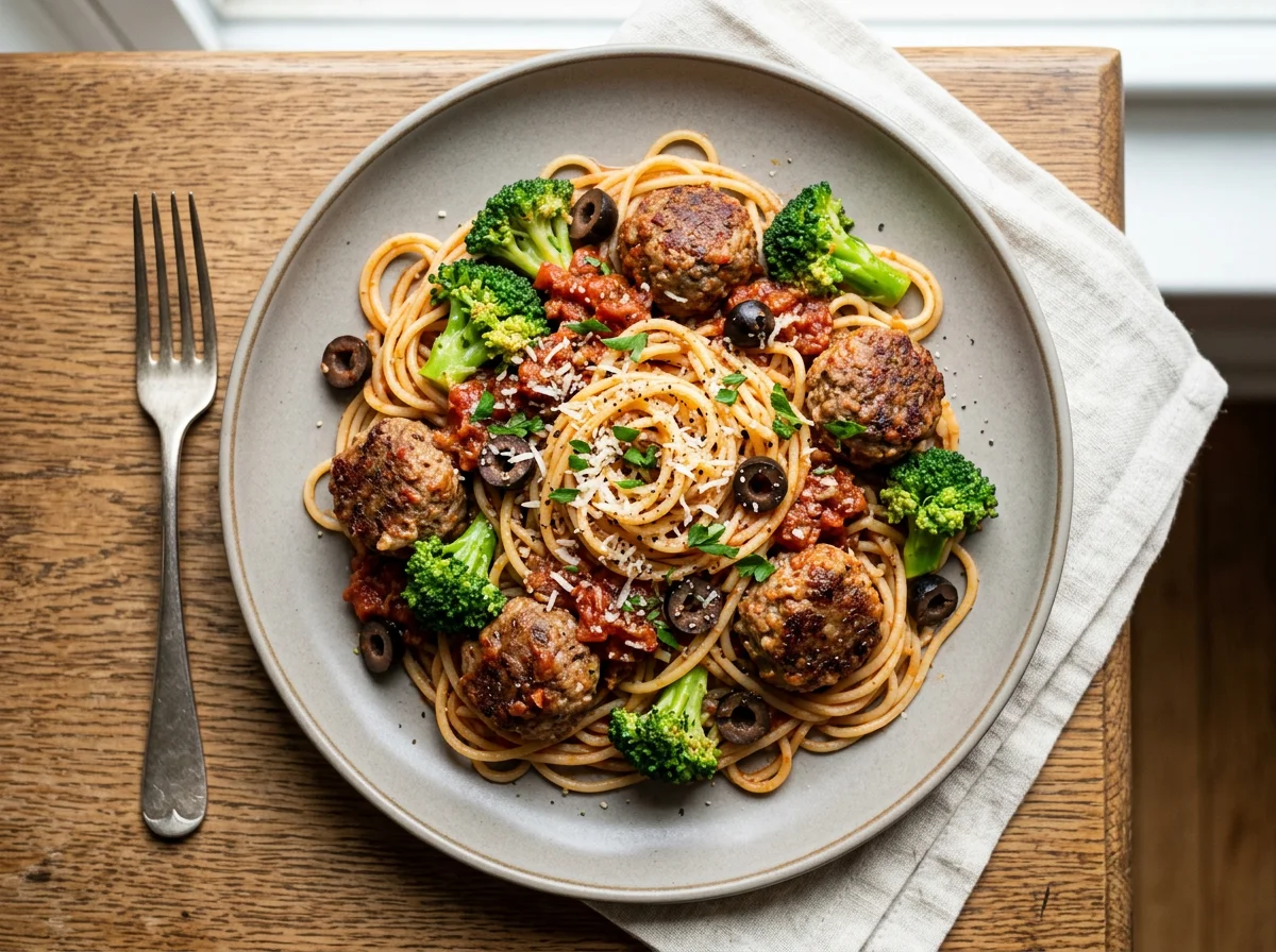 Spaghetti with Meatballs, Broccoli, and Tomato Sauce photo