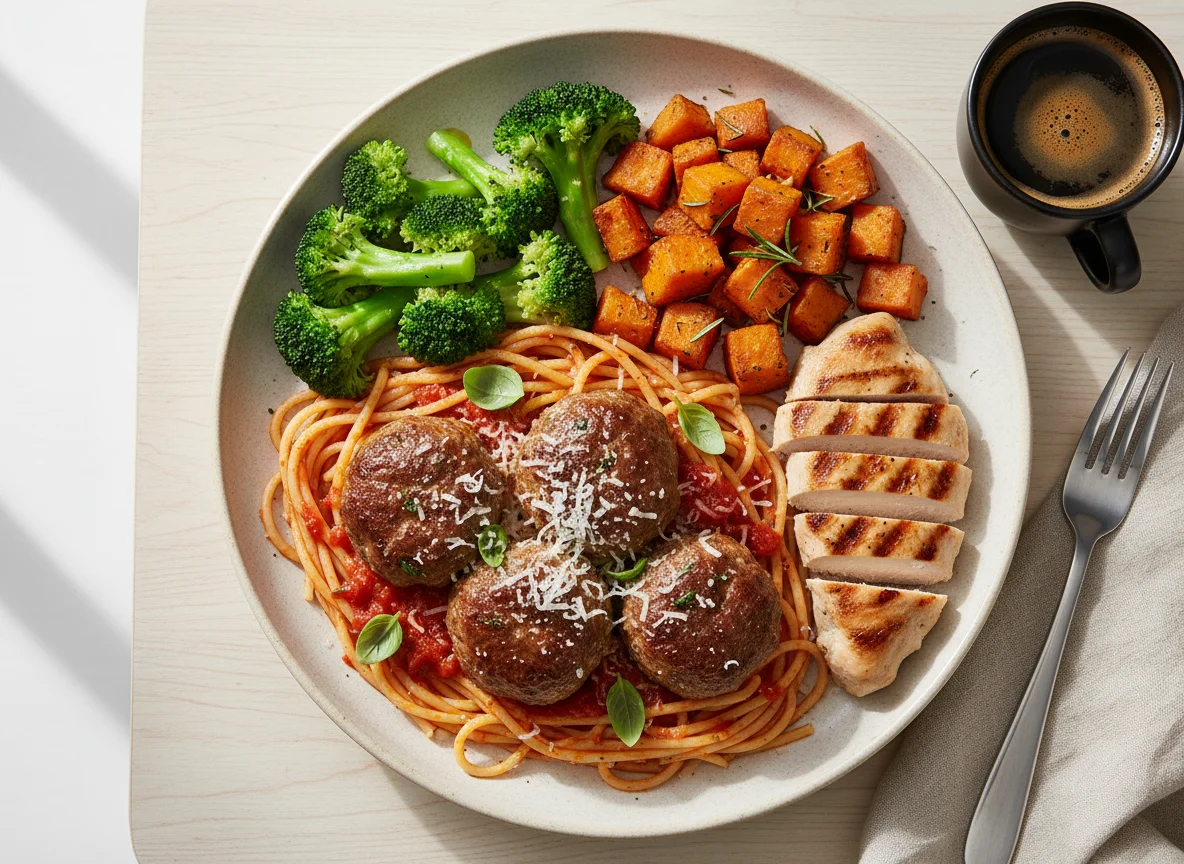 Spaghetti with Meatballs, Chicken, Sweet Potato, and Broccoli photo