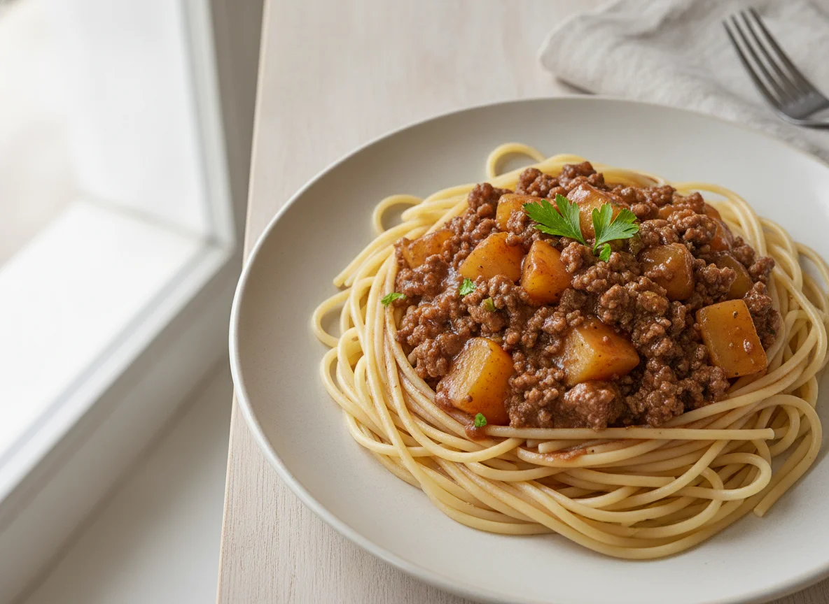 Spaghetti with Mince and Potato Stew photo