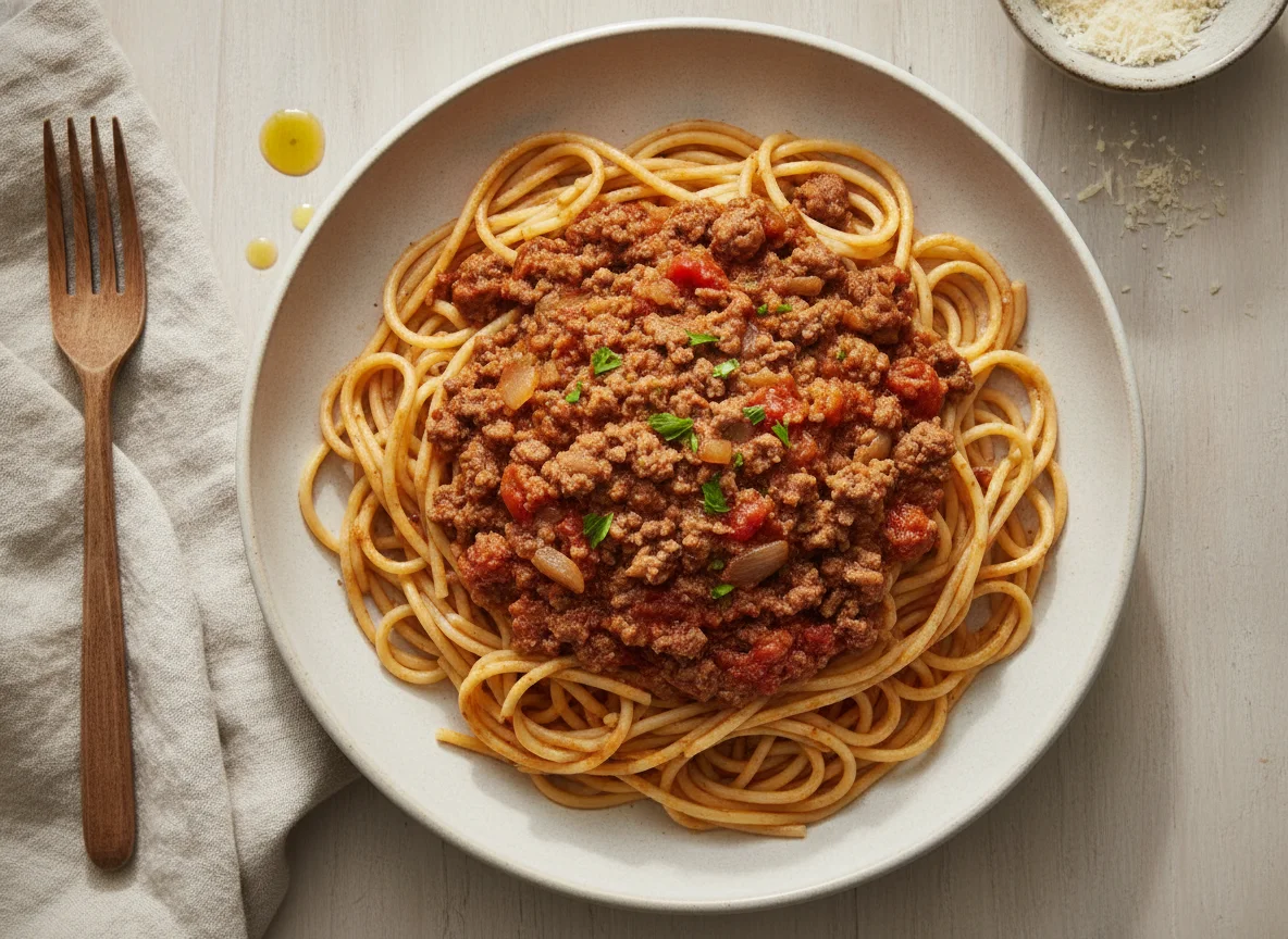 Spaghetti with minced meat photo