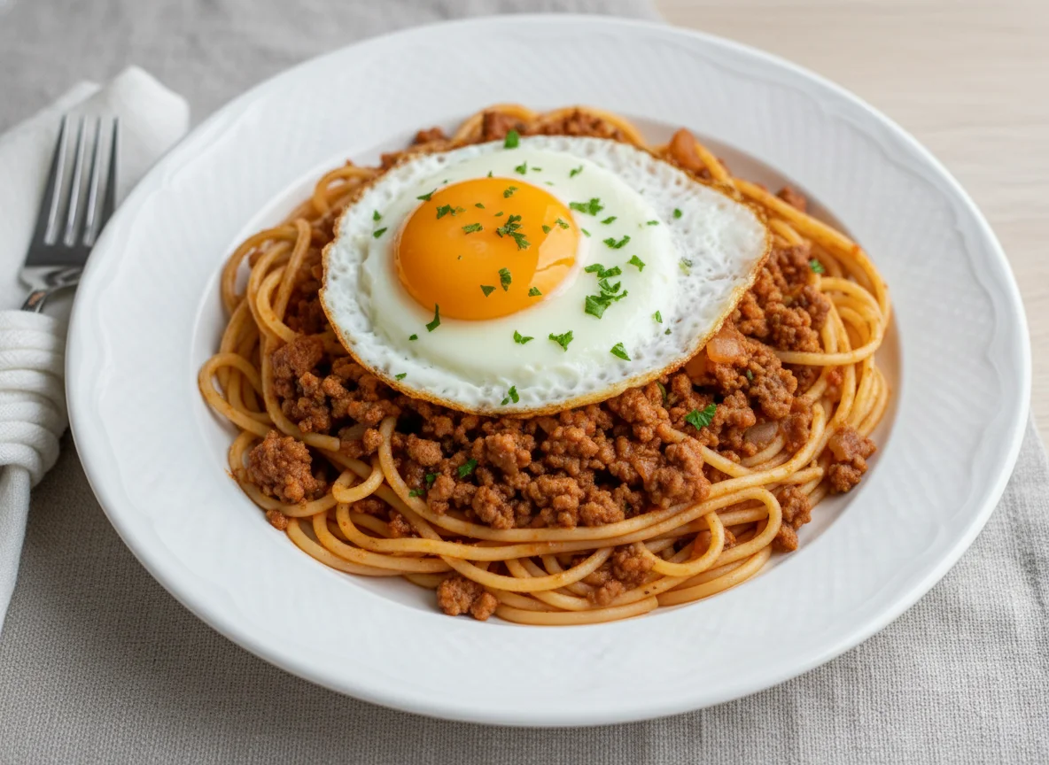 Spaghetti with Minced Meat and Fried Egg photo