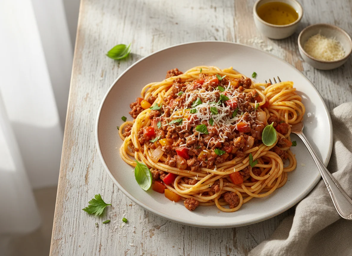 Spaghetti with Minced Meat and Vegetables photo