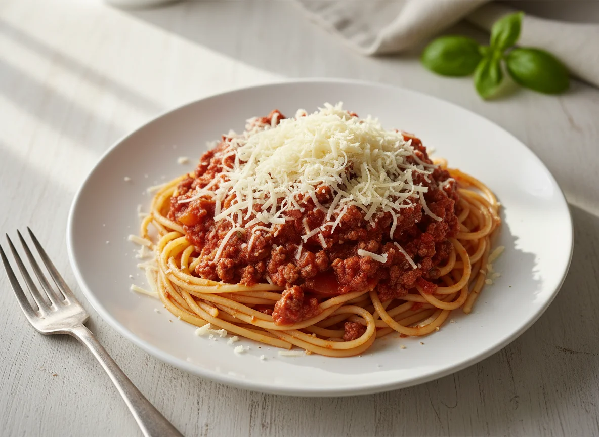 Spaghetti with Minced Meat Sauce (Kima) and Cheese photo