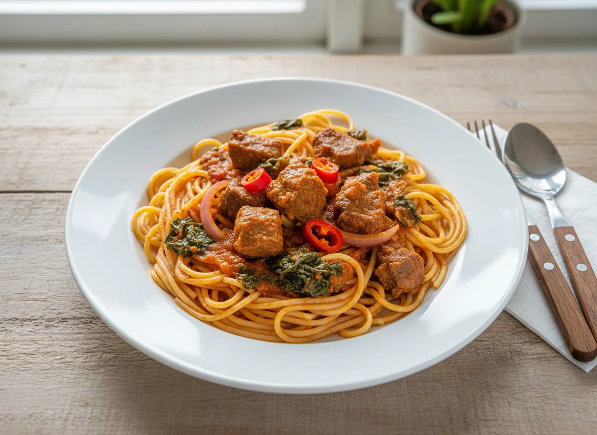 Spaghetti with Nigerian Stew and Meat photo