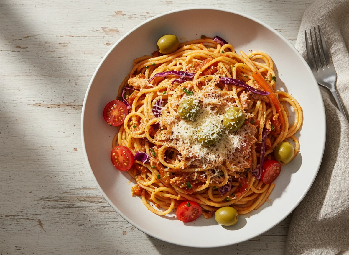 Spaghetti with Olives, Tuna, and Vegetable Medley photo