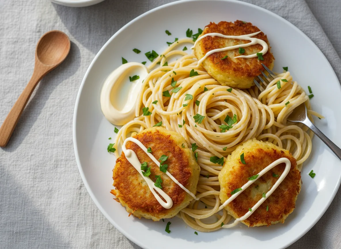 Spaghetti with patties and mayonnaise photo