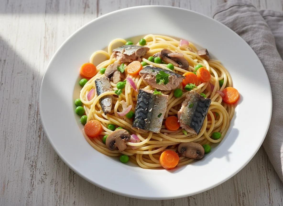 Spaghetti with Peas, Carrots, Mushrooms, Onions, and Fish photo