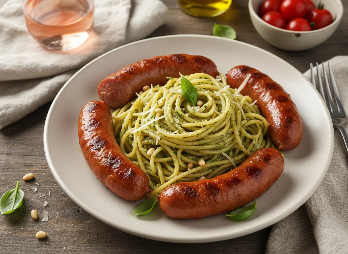 Spaghetti with Pesto and Grilled Sausages photo
