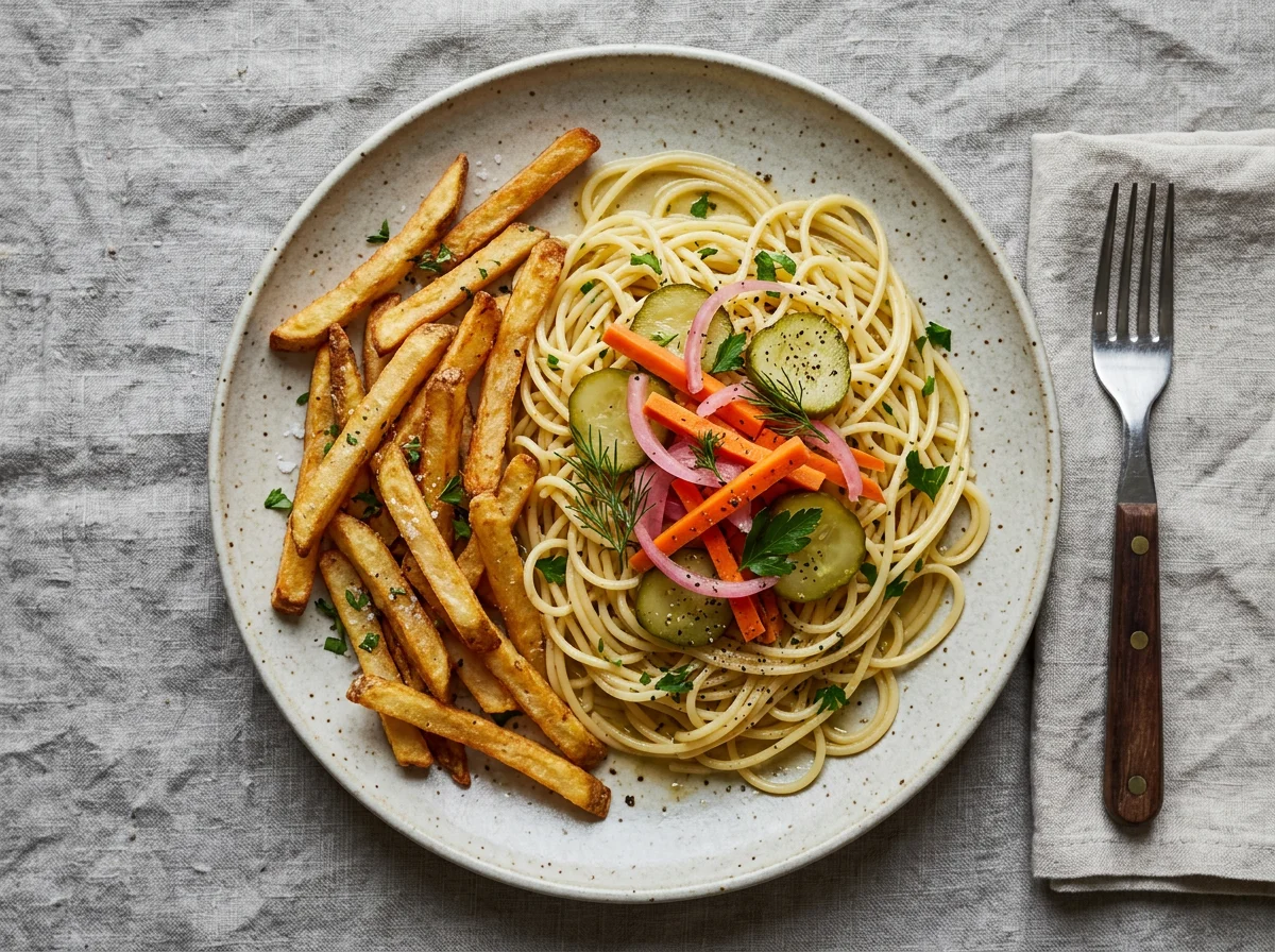 Spaghetti with Pickled Vegetables and French Fries photo