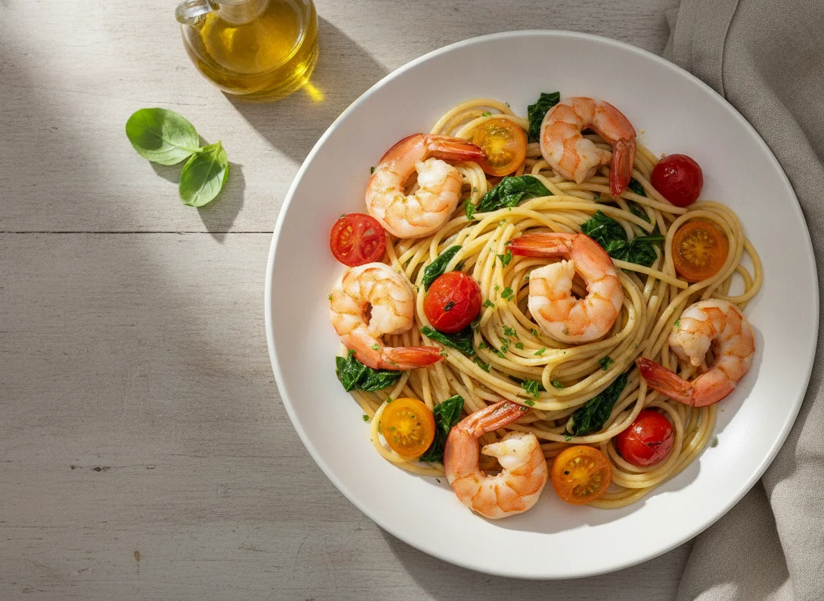 Spaghetti with Prawns and Cherry Tomatoes photo