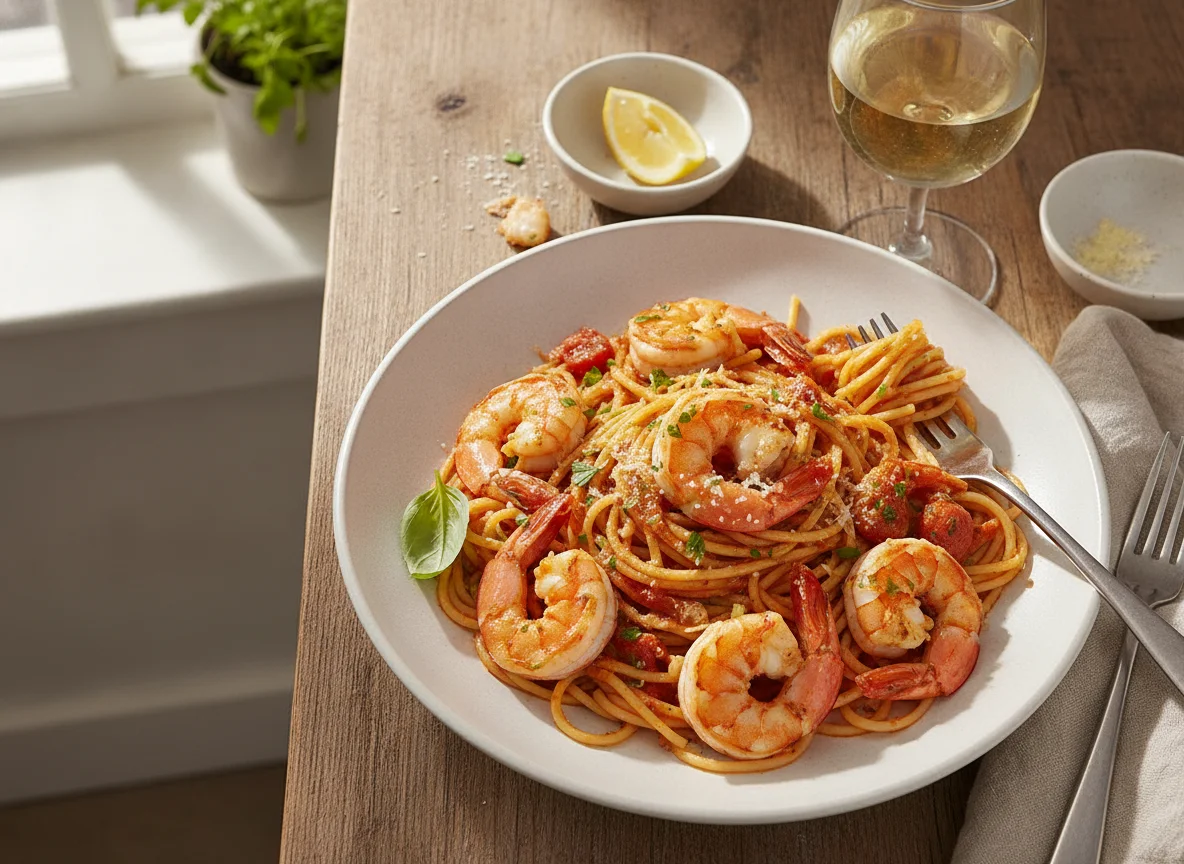 Spaghetti with Prawns in Tomato Sauce photo