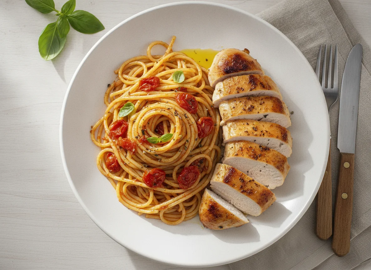 Spaghetti with roasted chicken photo