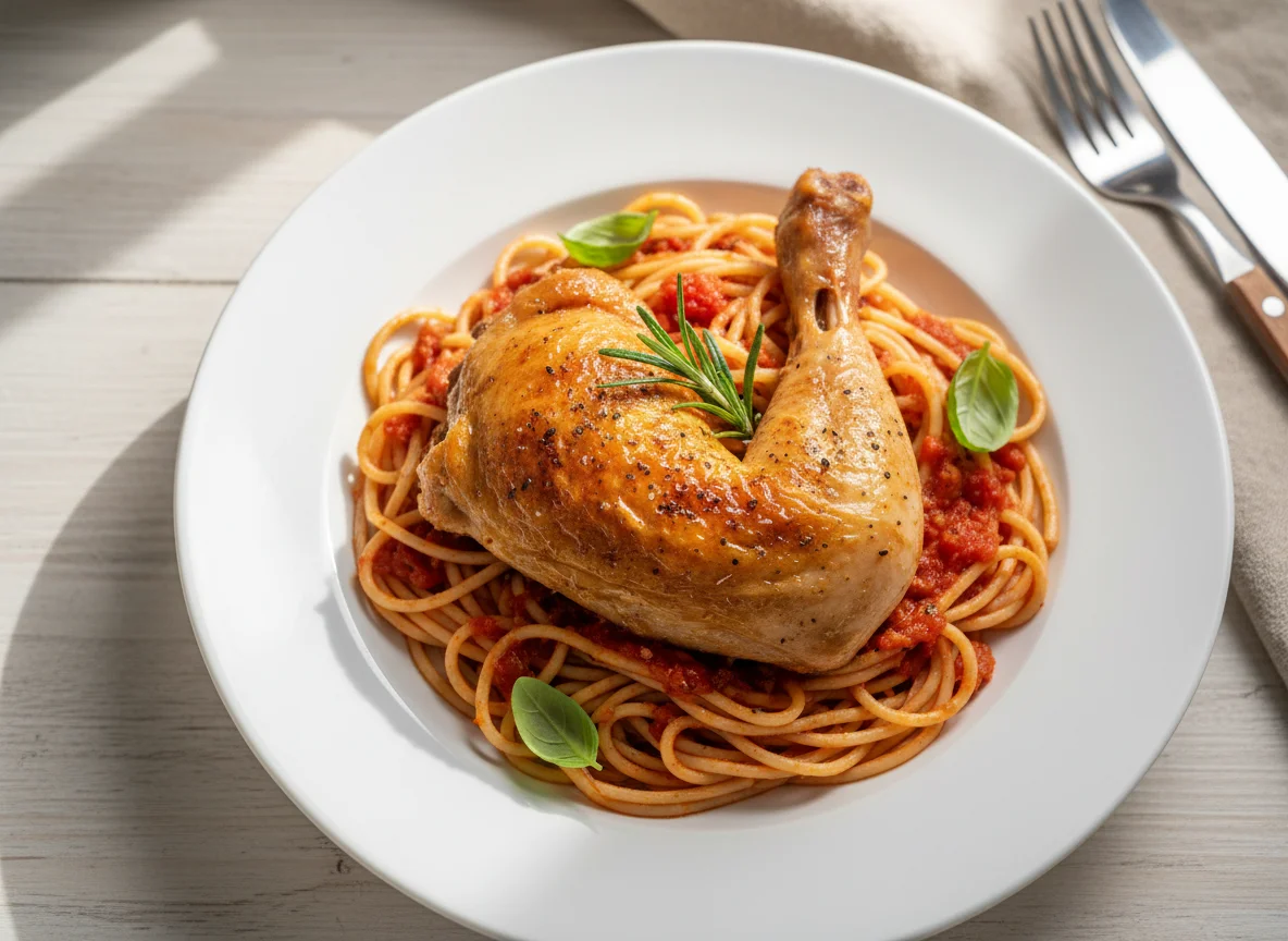 Spaghetti with Roasted Chicken Leg photo