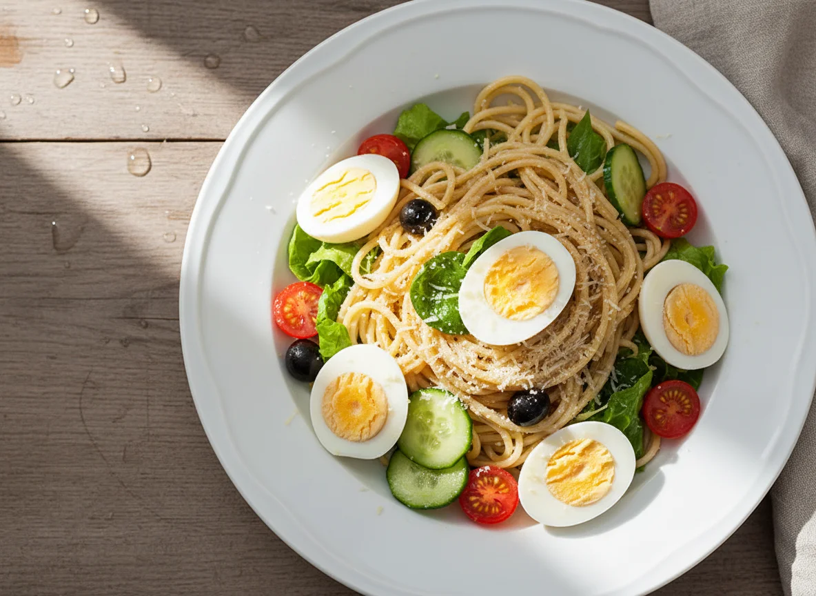 Spaghetti with Salad and Boiled Egg photo