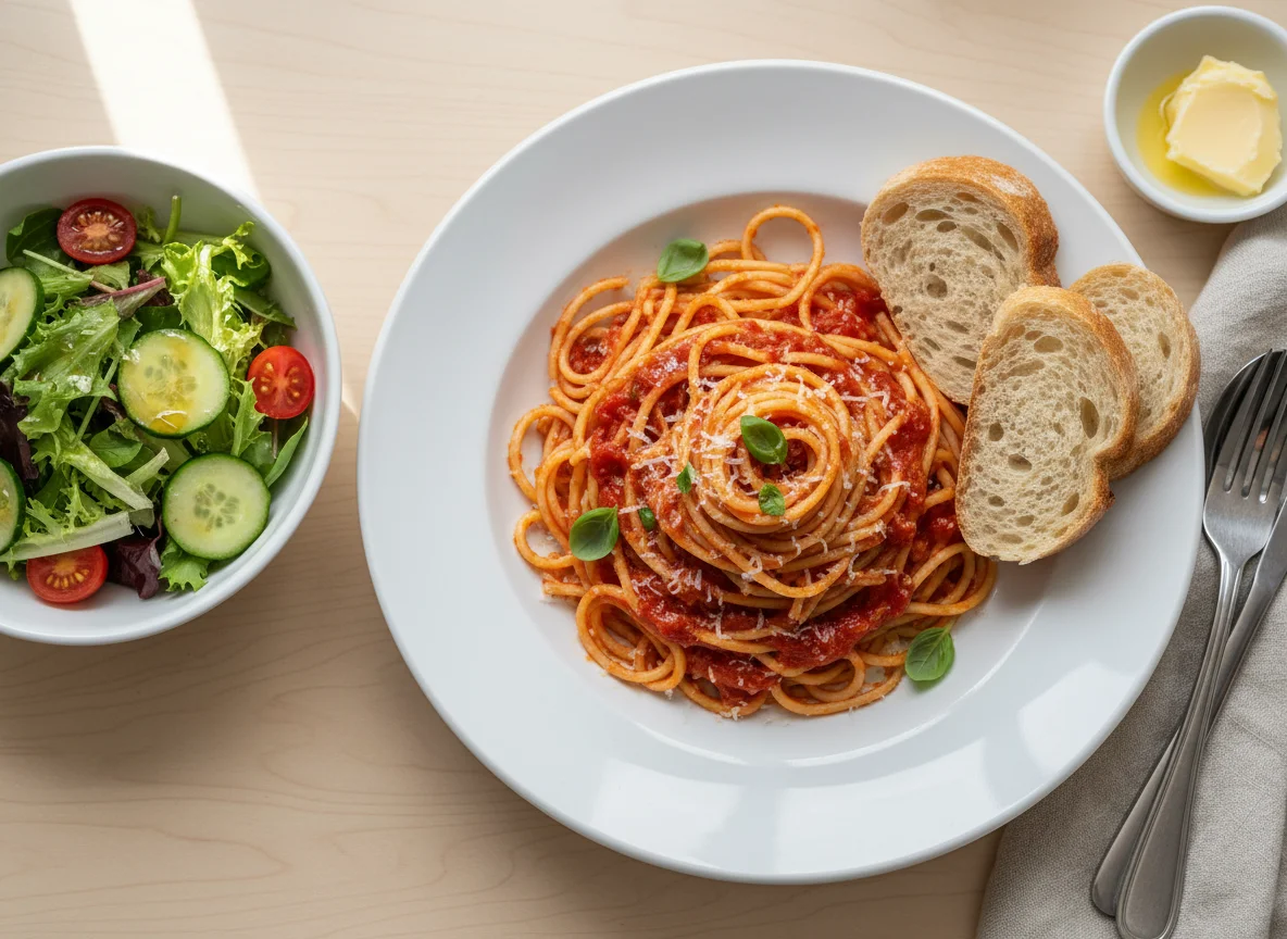 Spaghetti with salad and bread photo