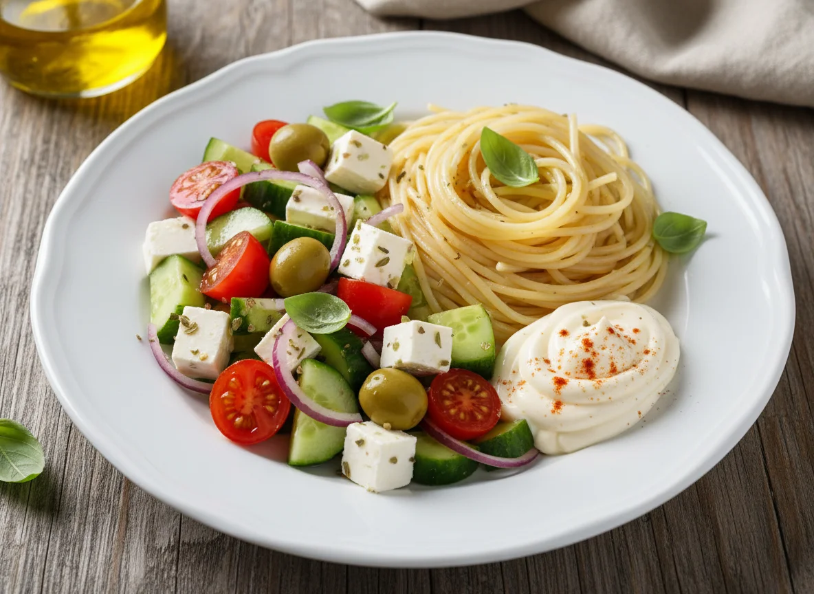 Spaghetti with salad and mayonnaise photo