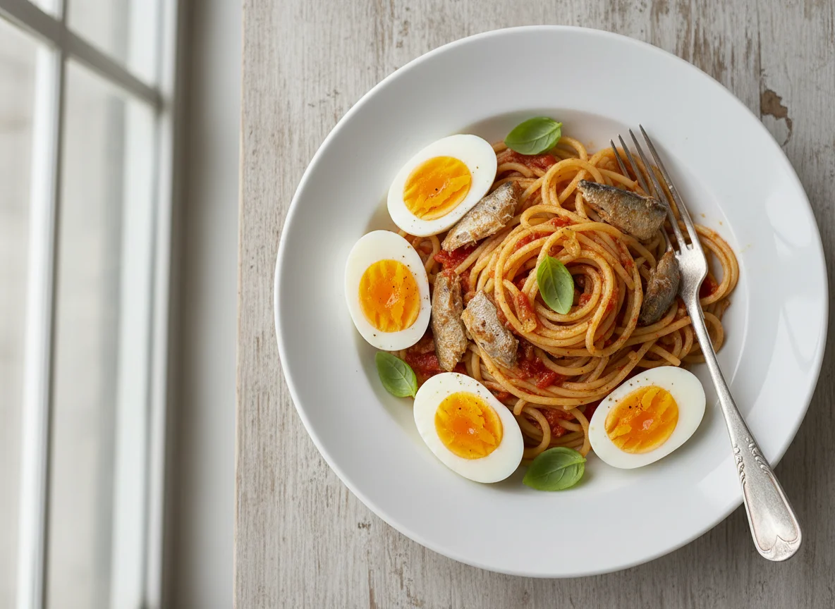 Spaghetti with Sardines and Boiled Eggs photo