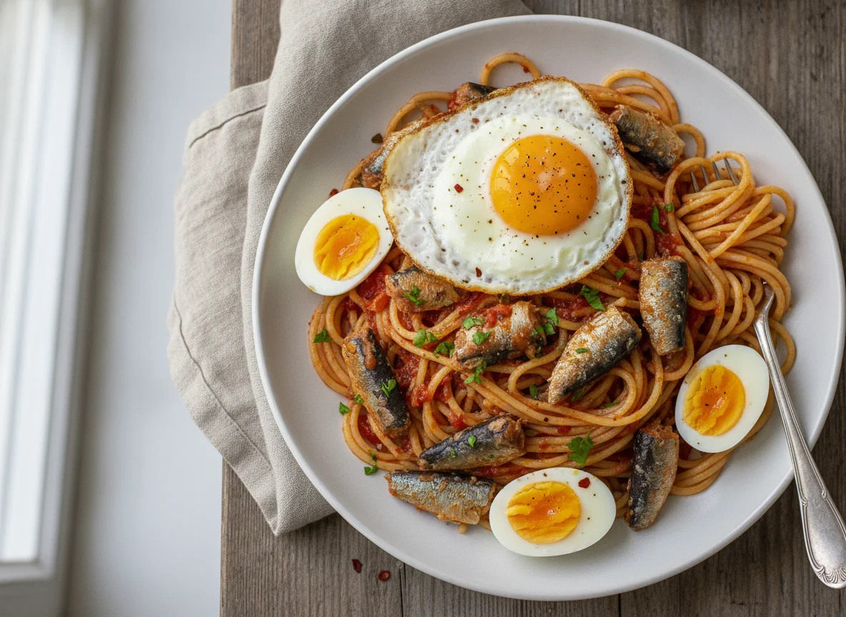 Spaghetti with Sardines and Eggs photo