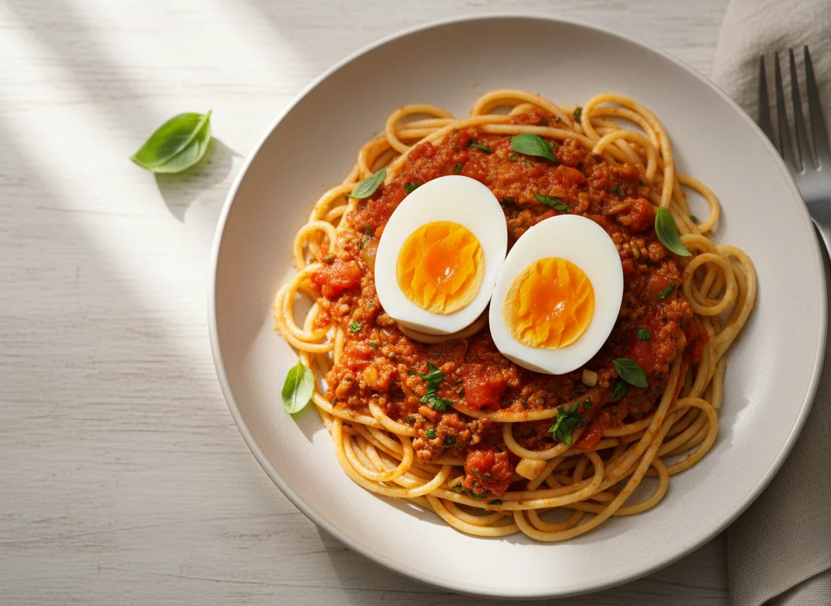Spaghetti with Sauce and Boiled Eggs photo