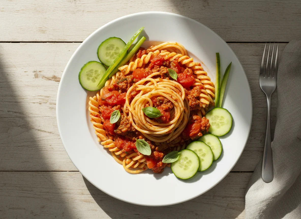 Spaghetti with Sauce and Cucumber photo
