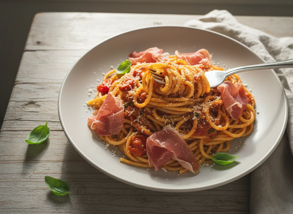 Spaghetti with Sauce and Cured Ham photo