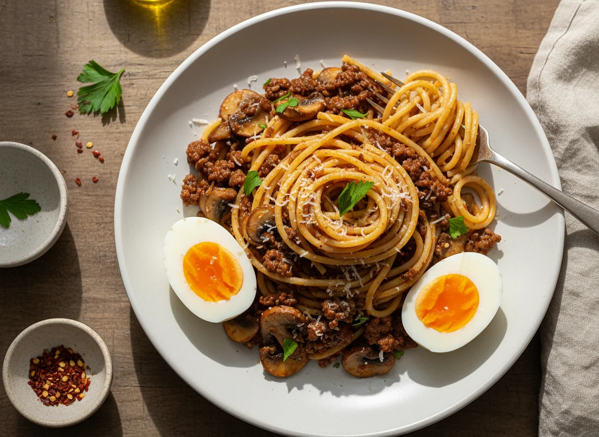 Spaghetti with Sauce and Hard-Boiled Eggs photo