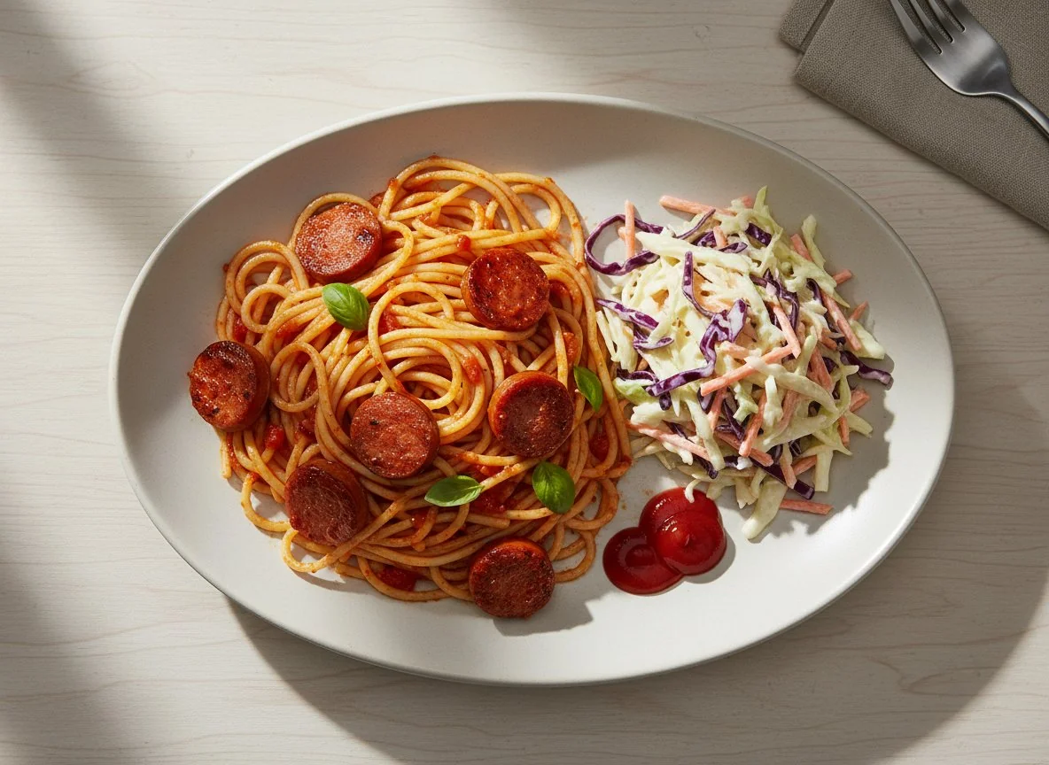 Spaghetti with Sausage and Coleslaw photo
