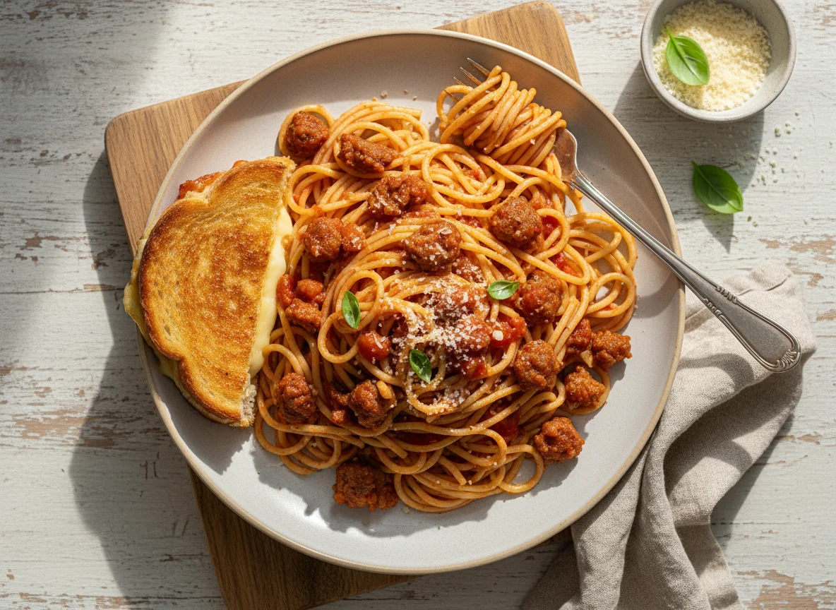 Spaghetti with Sausage and Grilled Cheese Sandwich photo