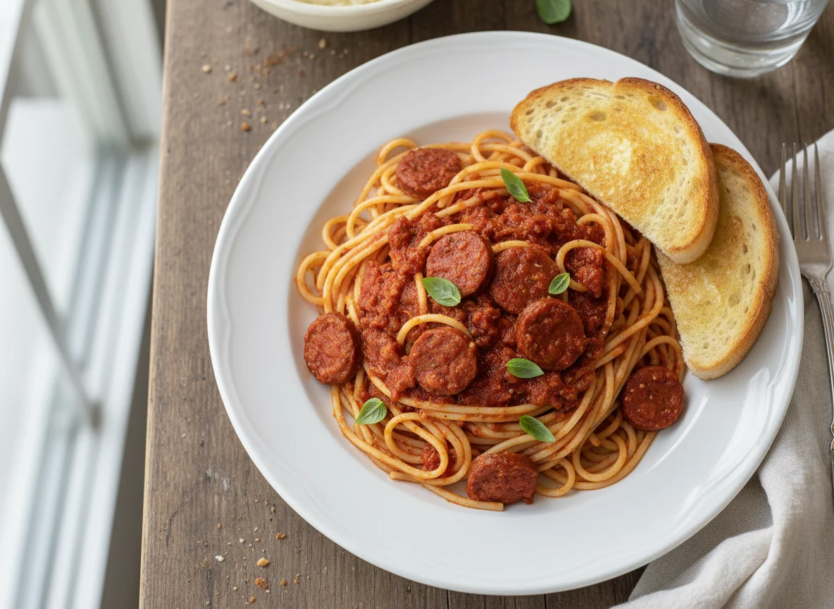 Spaghetti with Sausage and Toast photo