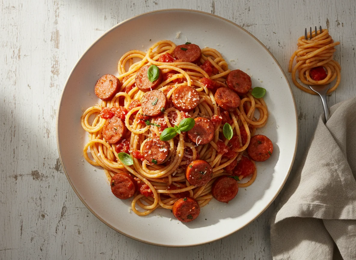 Spaghetti with Sausage and Tomato Sauce photo
