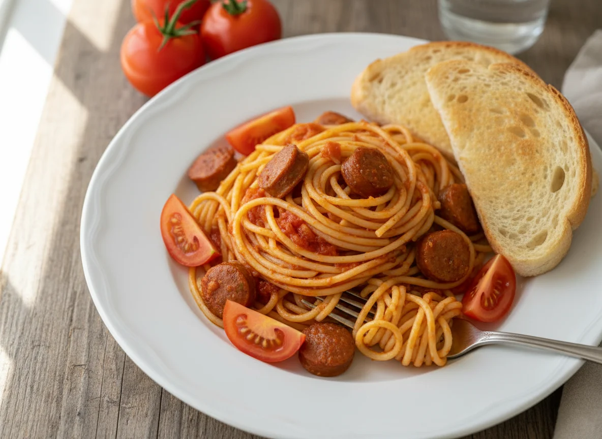 Spaghetti with sausage, bread, and tomato photo