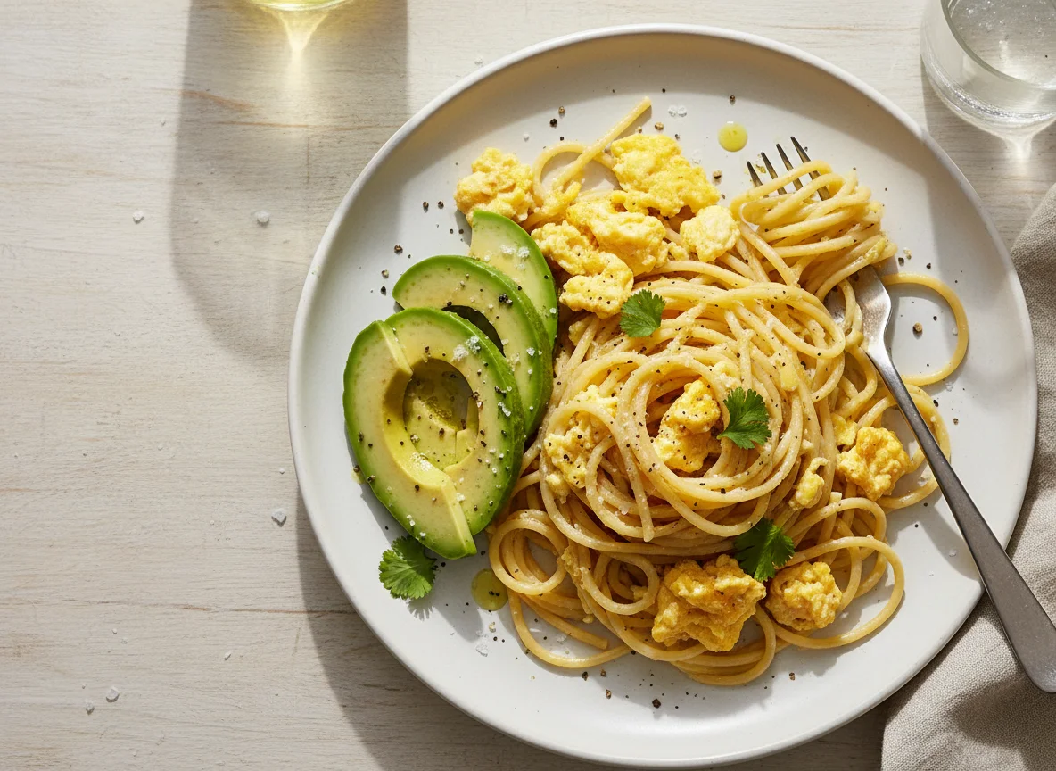 Spaghetti with Scrambled Eggs and Avocado photo