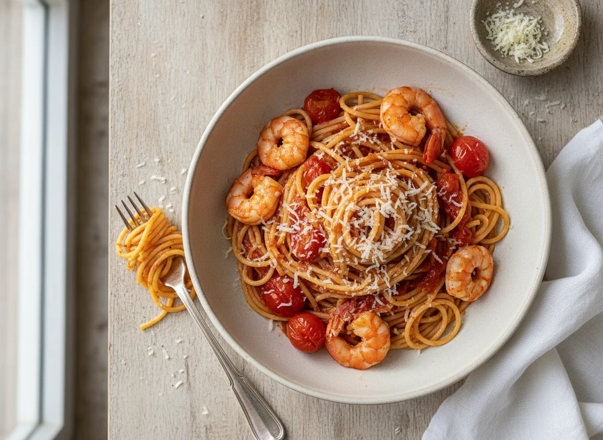 Spaghetti with Shrimps and Grated Cheese photo