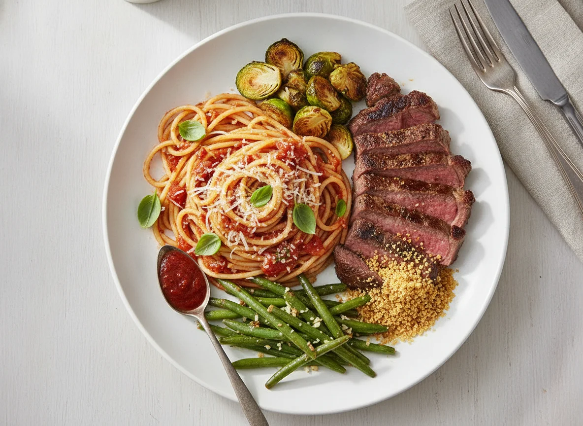 Spaghetti with Steak, Green Beans, and Brussels Sprouts photo