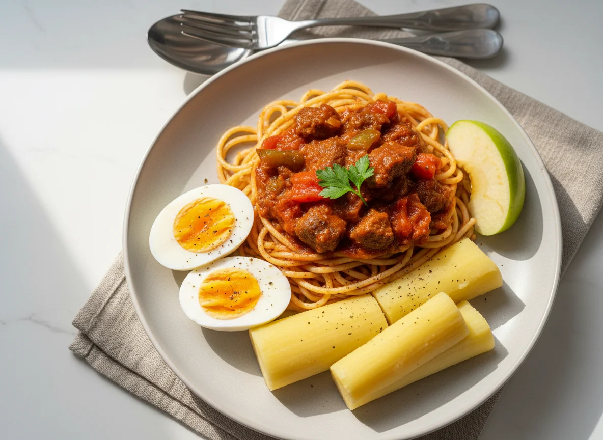 Spaghetti with Stew, Boiled Eggs, Yam, and Apple photo