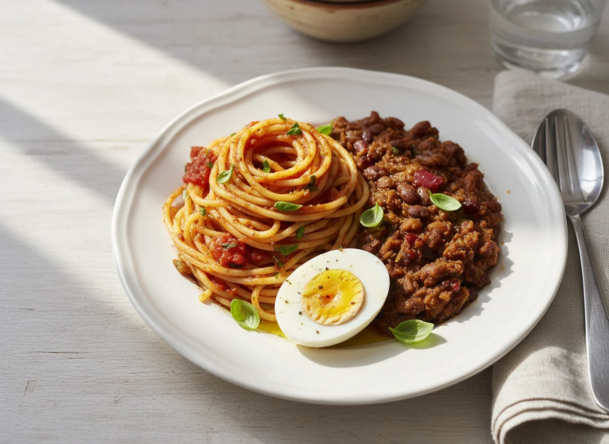 Spaghetti with Stewed Beans and Boiled Egg photo