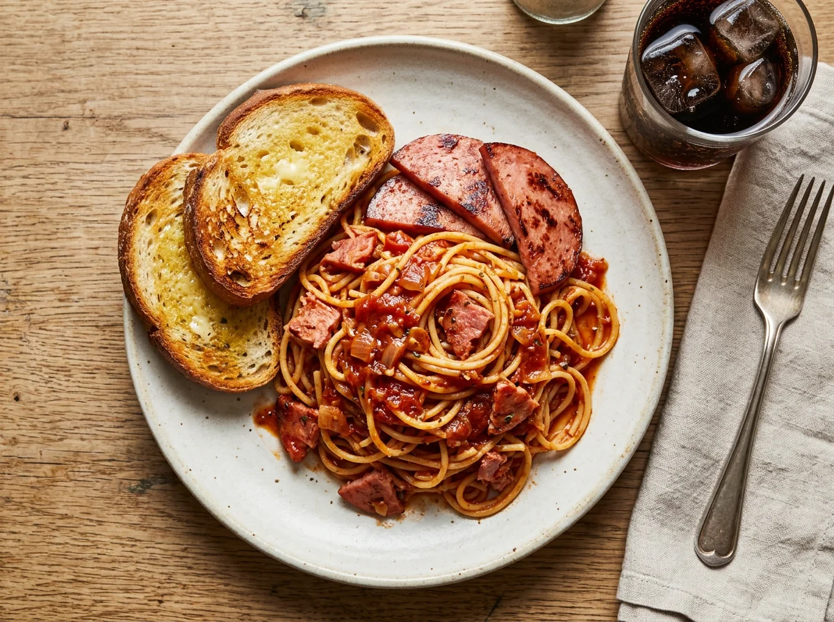 Spaghetti with Toast and Processed Meat photo