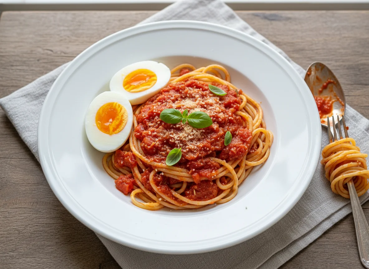 Spaghetti with Tomato Sauce and Boiled Egg photo