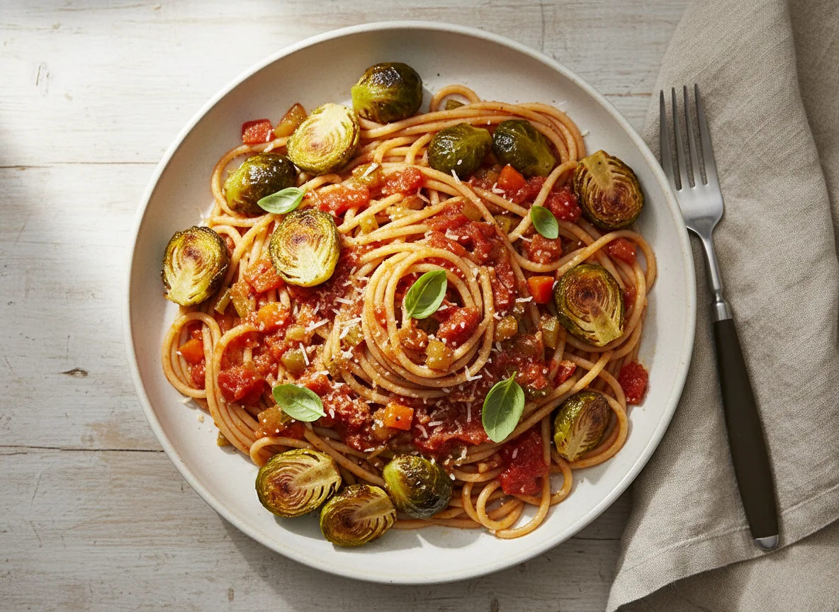 Spaghetti with Tomato Sauce and Brussels Sprouts photo