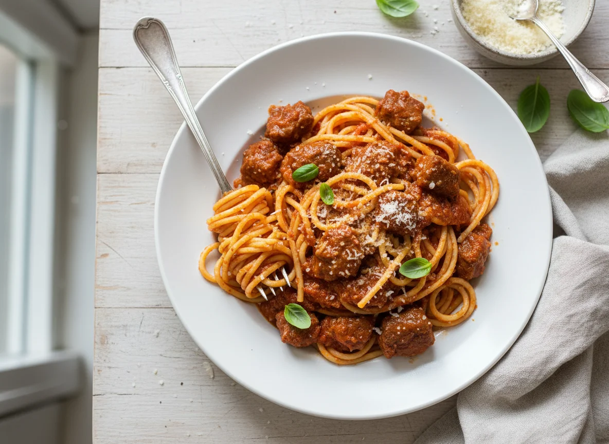 Spaghetti with Tomato Sauce and Cooked Meat photo