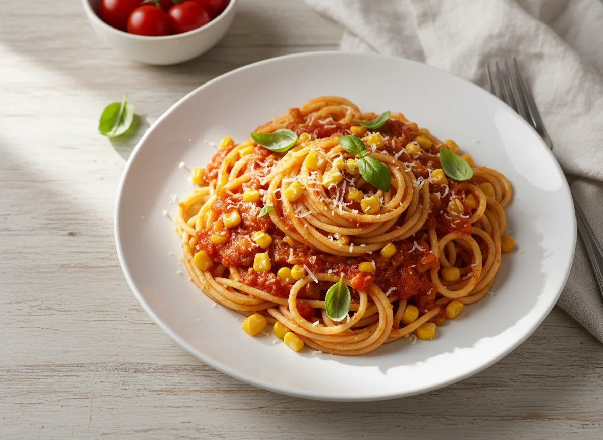 Spaghetti with Tomato Sauce and Corn photo