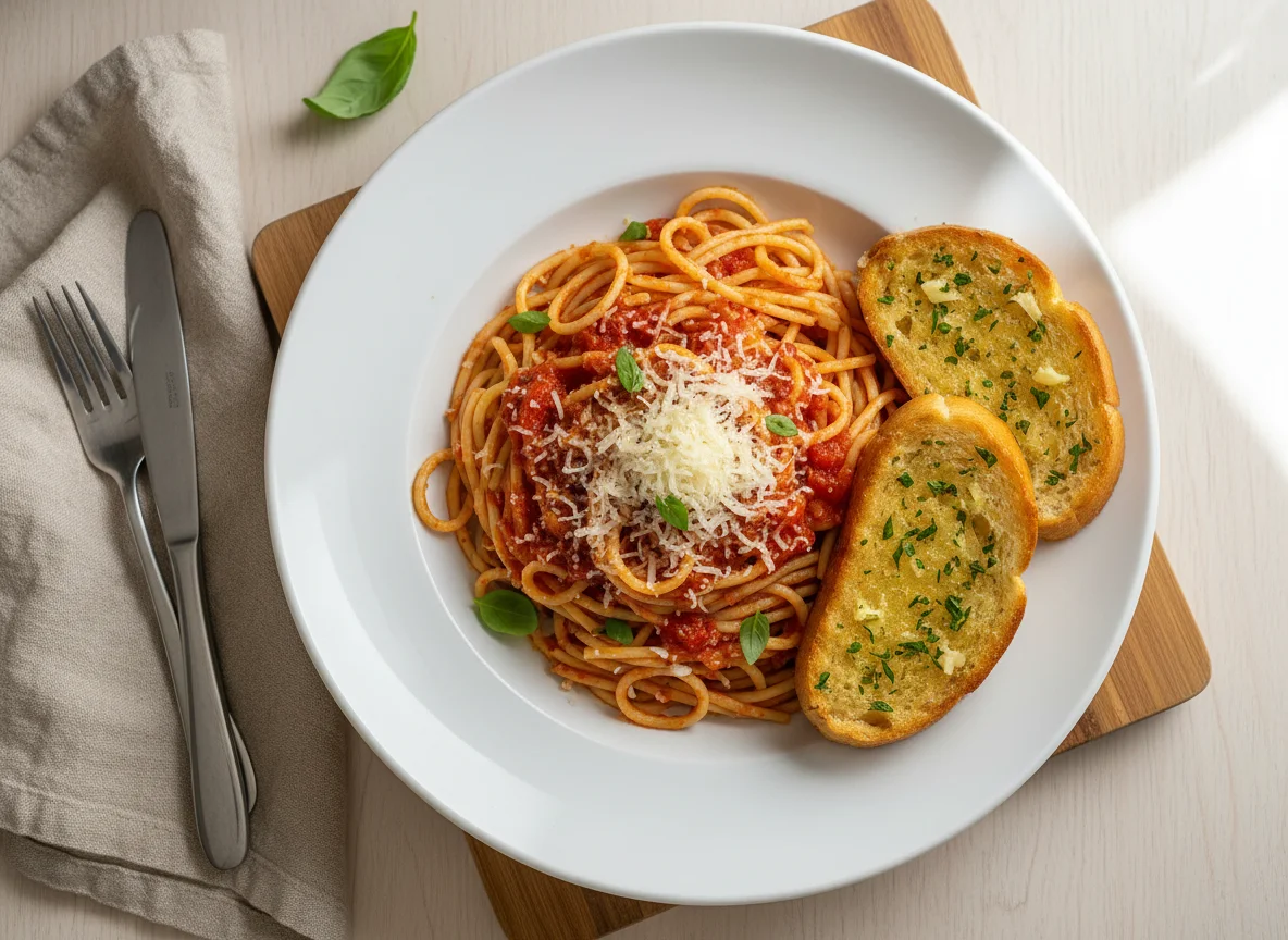 Spaghetti with Tomato Sauce and Garlic Bread photo